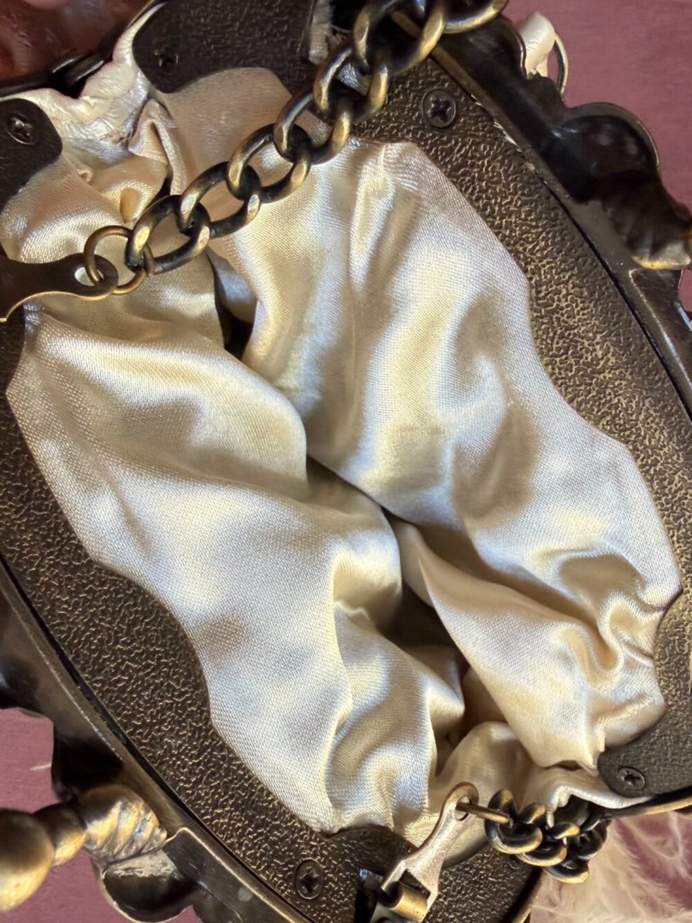 Evening bag w/ satin, feathers & crystal. Champagne tan color, vintage-inspired! - Picture 2 of 5